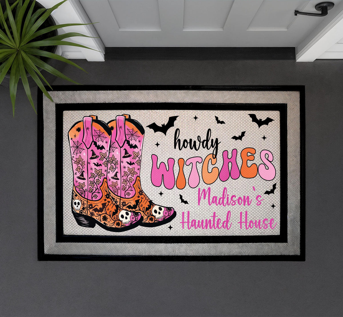 Personalized Howdy Witches Cowboy Boot Doormat, Western Halloween Porch Decor
