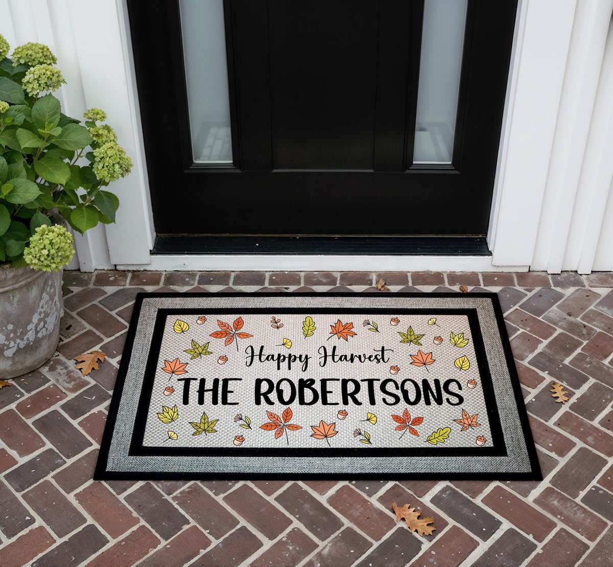 Custom Family Name Autumn Leaves Doormat, Happy Harvest Welcome Mat