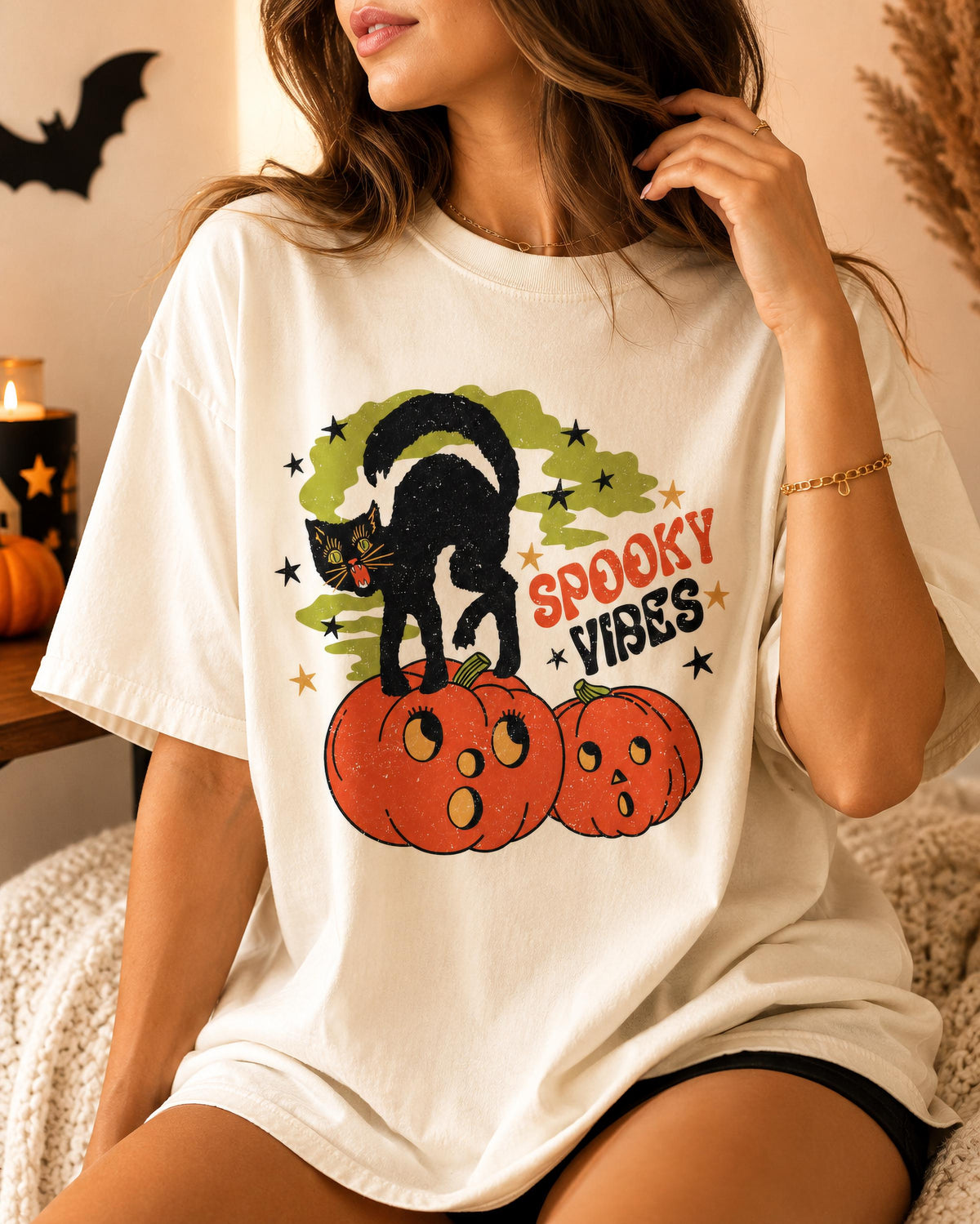 Comfort Colors® Spooky Vibes Black Cat Shirt, Black Cat Halloween Tee, Funny Pumpkin T-Shirt, Retro Spooky Season Tee, Cute Witchy Cat Shirt