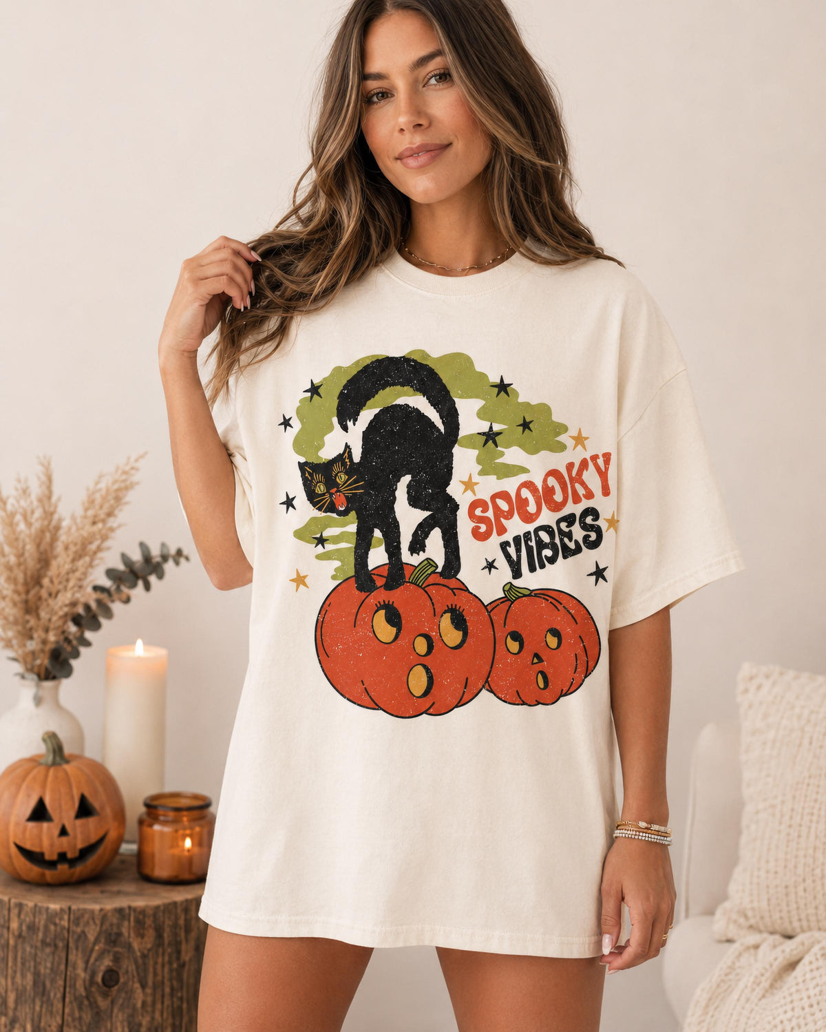 Comfort Colors® Spooky Vibes Black Cat Shirt, Black Cat Halloween Tee, Funny Pumpkin T-Shirt, Retro Spooky Season Tee, Cute Witchy Cat Shirt