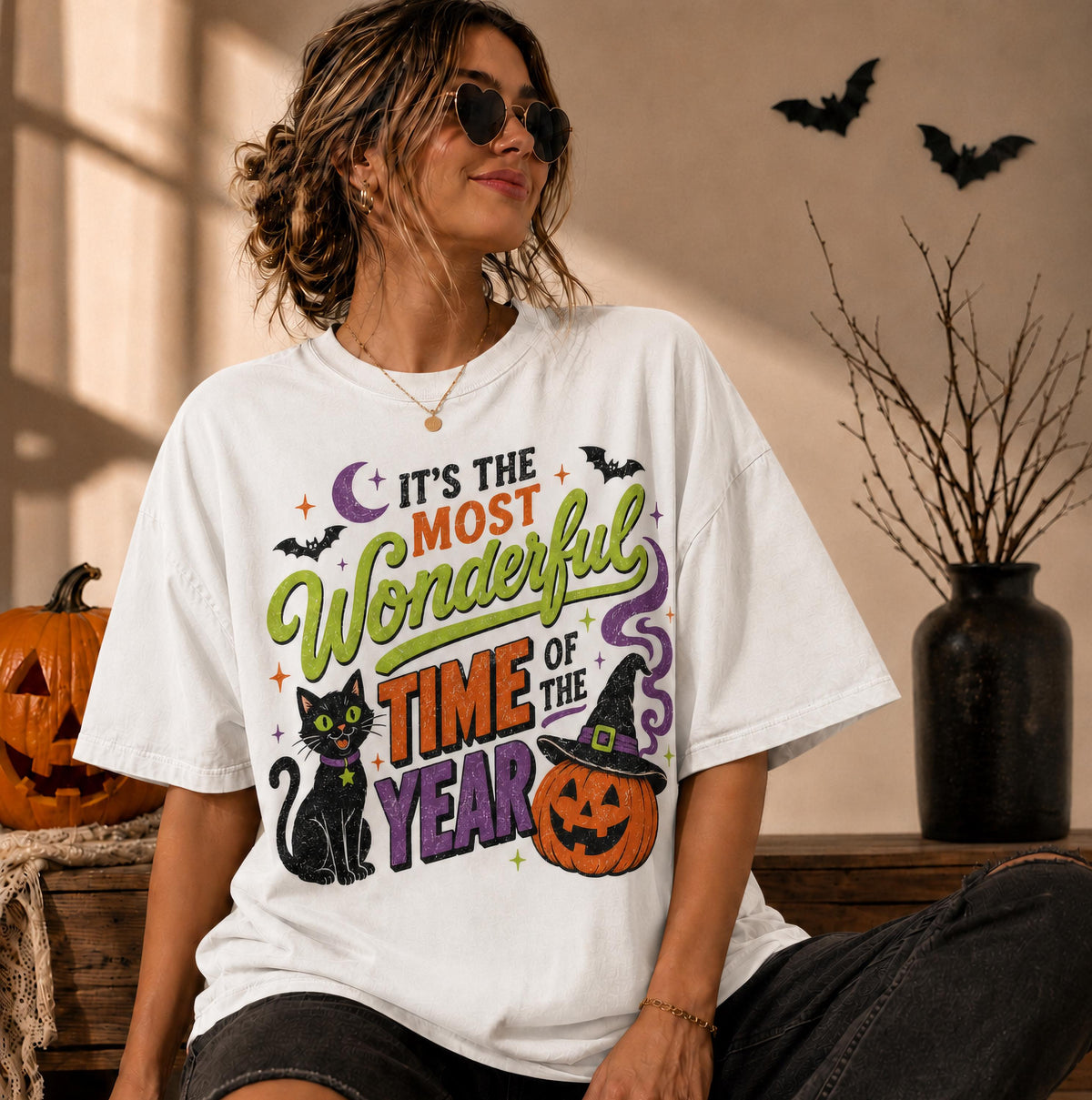 Comfort Colors® Most Wonderful Time Halloween Shirt, Black Cat Pumpkin Tee, Funny Spooky Season Shirt, Witchy Halloween Tee