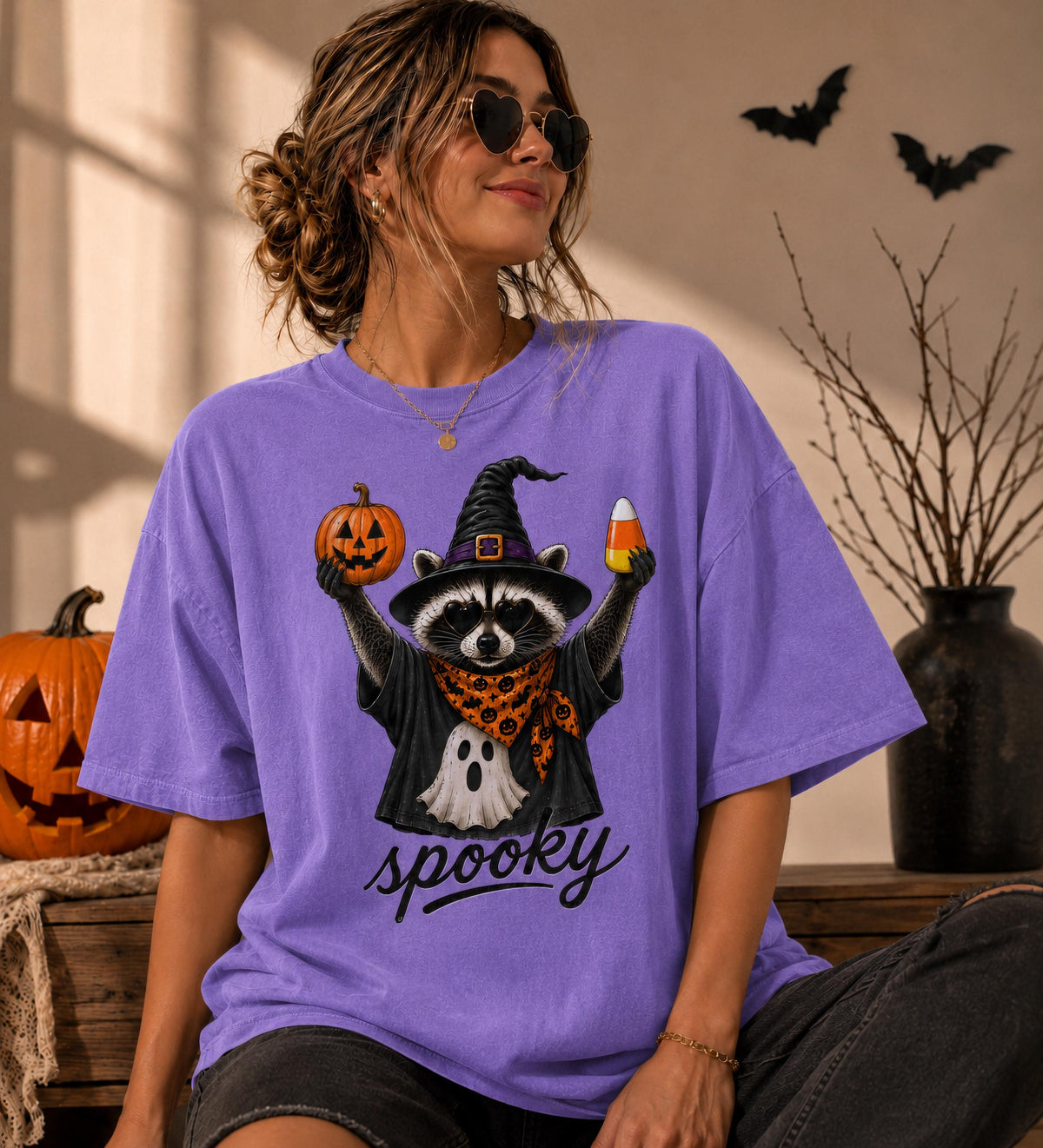 Comfort Colors® Spooky Raccoon Halloween Shirt, Cute Witch Raccoon Tee, Pumpkin Candy T-Shirt, Spooky Season Shirt, Halloween Raccoon Tee