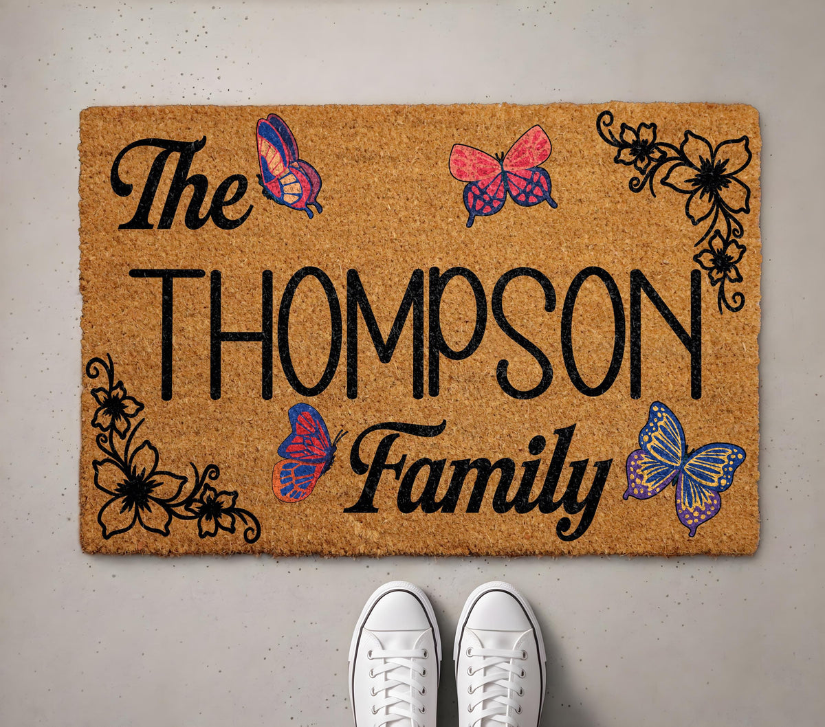 Personalized Boho Family Doormat, Butterflies Welcome Mat, Custom Floral Porch Decor