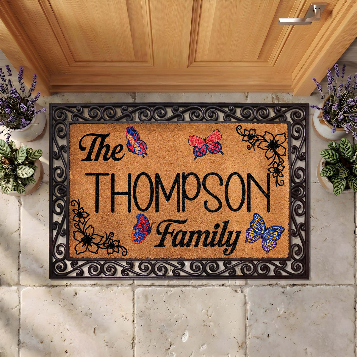 Personalized Boho Family Doormat, Butterflies Welcome Mat, Custom Floral Porch Decor
