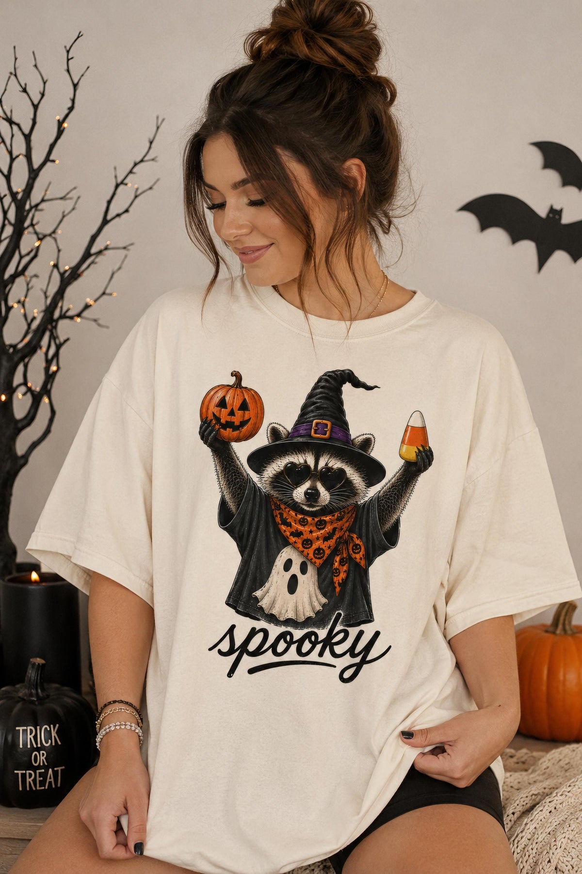 Comfort Colors® Spooky Raccoon Halloween Shirt, Cute Witch Raccoon Tee, Pumpkin Candy T-Shirt, Spooky Season Shirt, Halloween Raccoon Tee