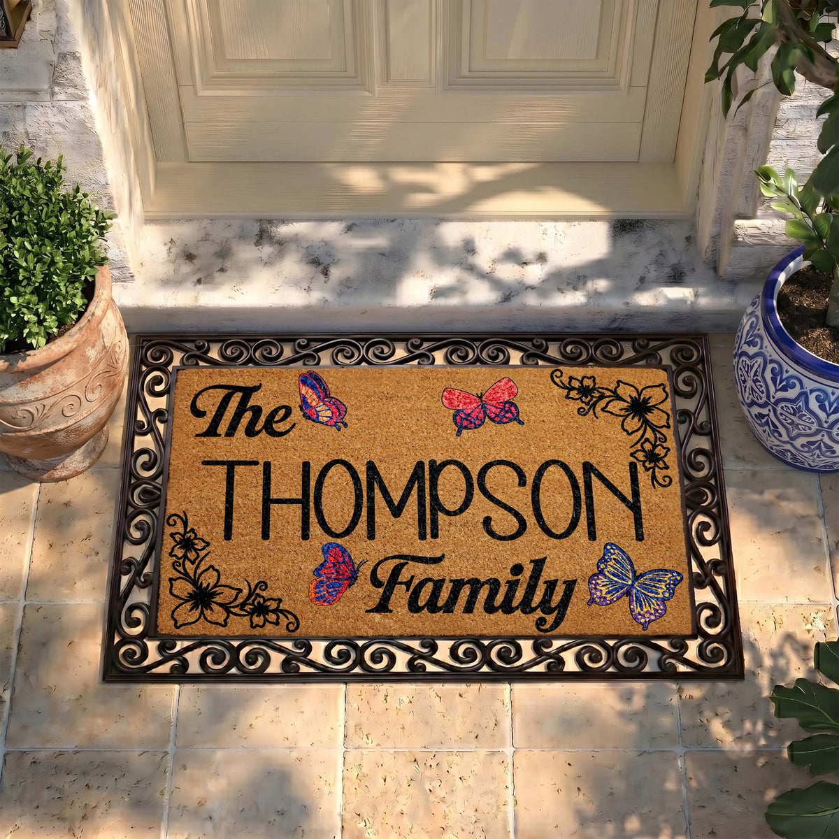 Personalized Boho Family Doormat, Butterflies Welcome Mat, Custom Floral Porch Decor