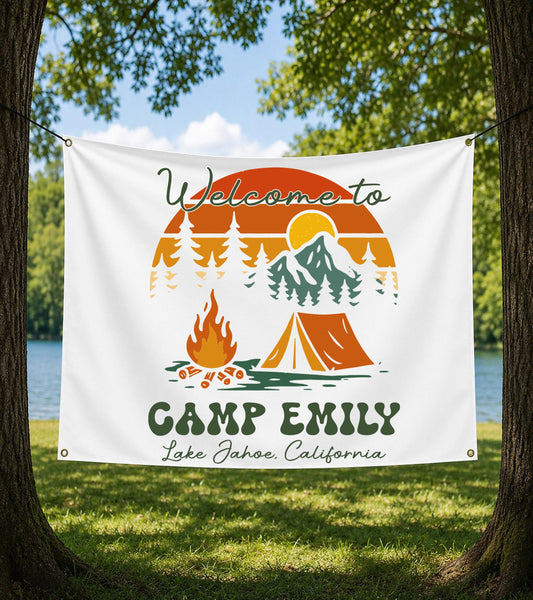 Custom Camping Banner, Girls Camp Sign, Outdoor Party Backdrop, Vinyl Grommets