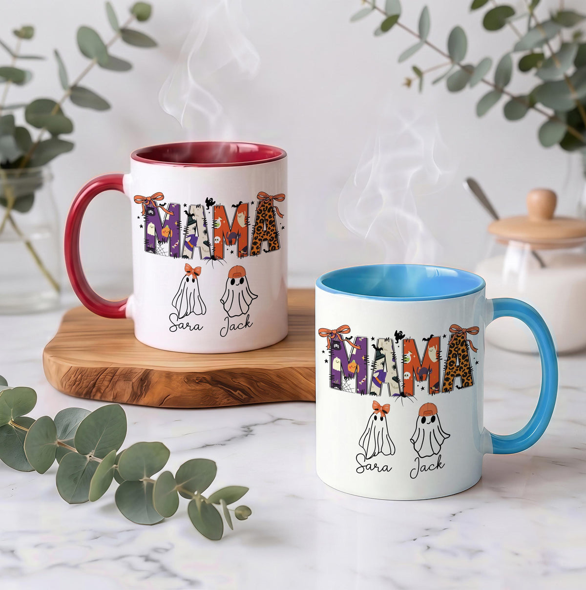 Personalized Halloween Mama Coffee Mug, Spooky Season Mom Cup with Kids Name