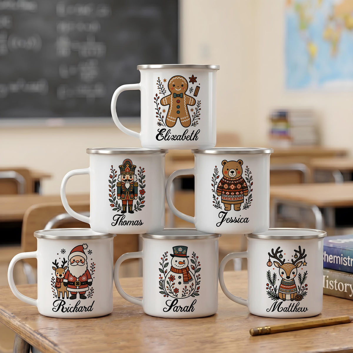 Personalized Christmas Enamel Mug, Custom Name Winter Drinkware