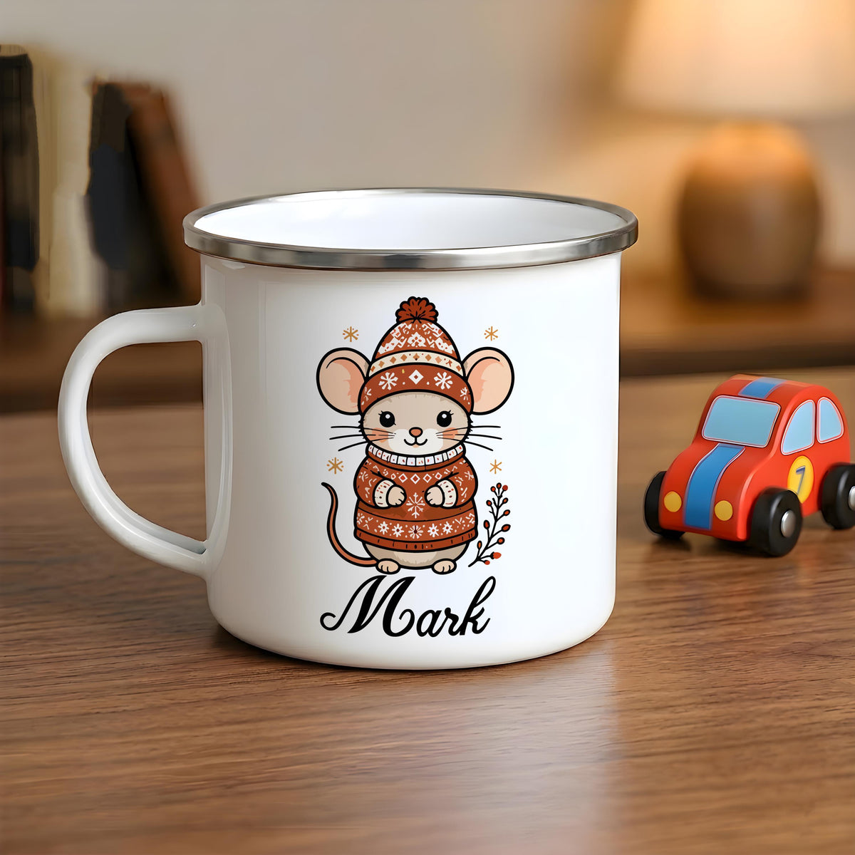 Personalized Christmas Enamel Mug, Custom Name Winter Drinkware