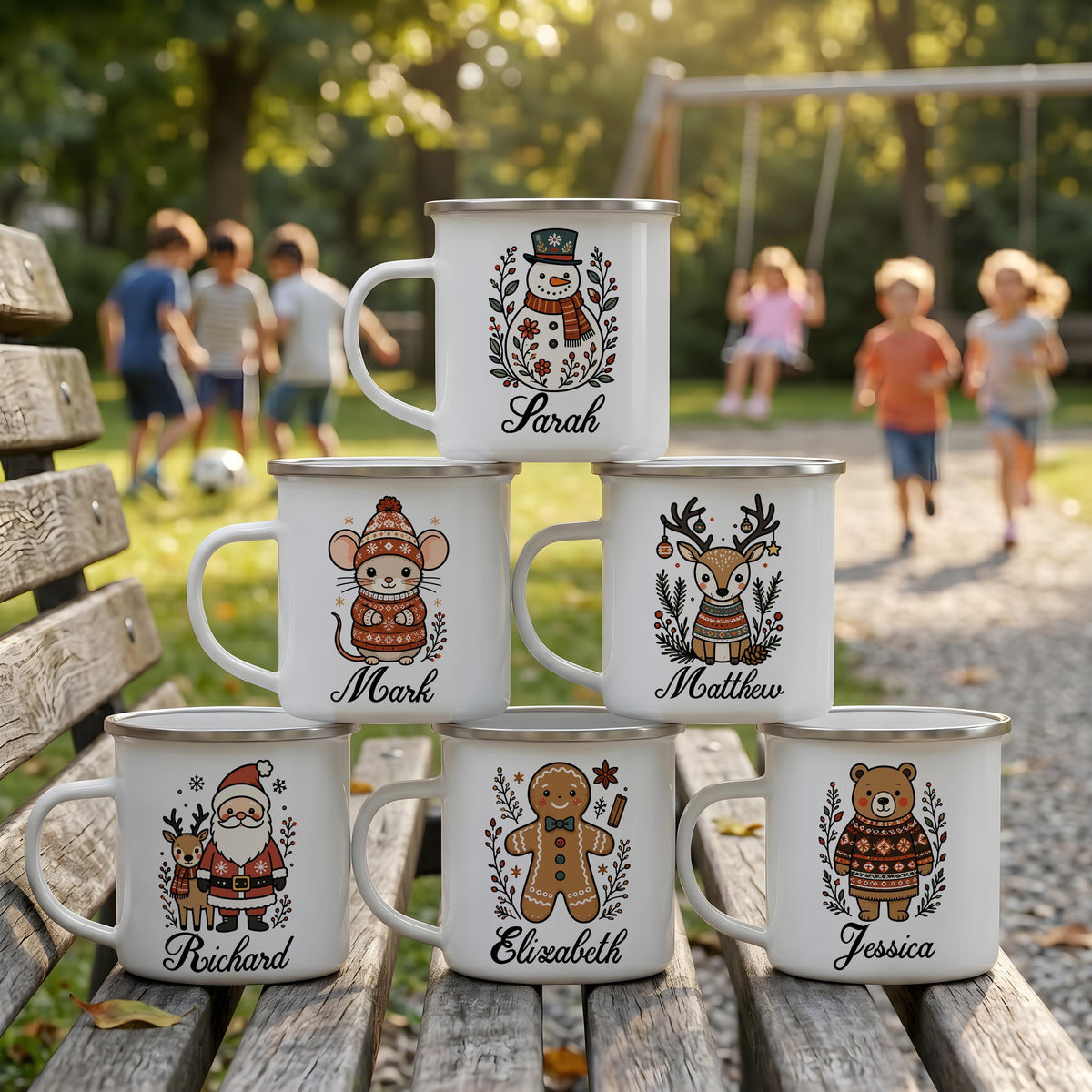 Personalized Christmas Enamel Mug, Custom Name Winter Drinkware