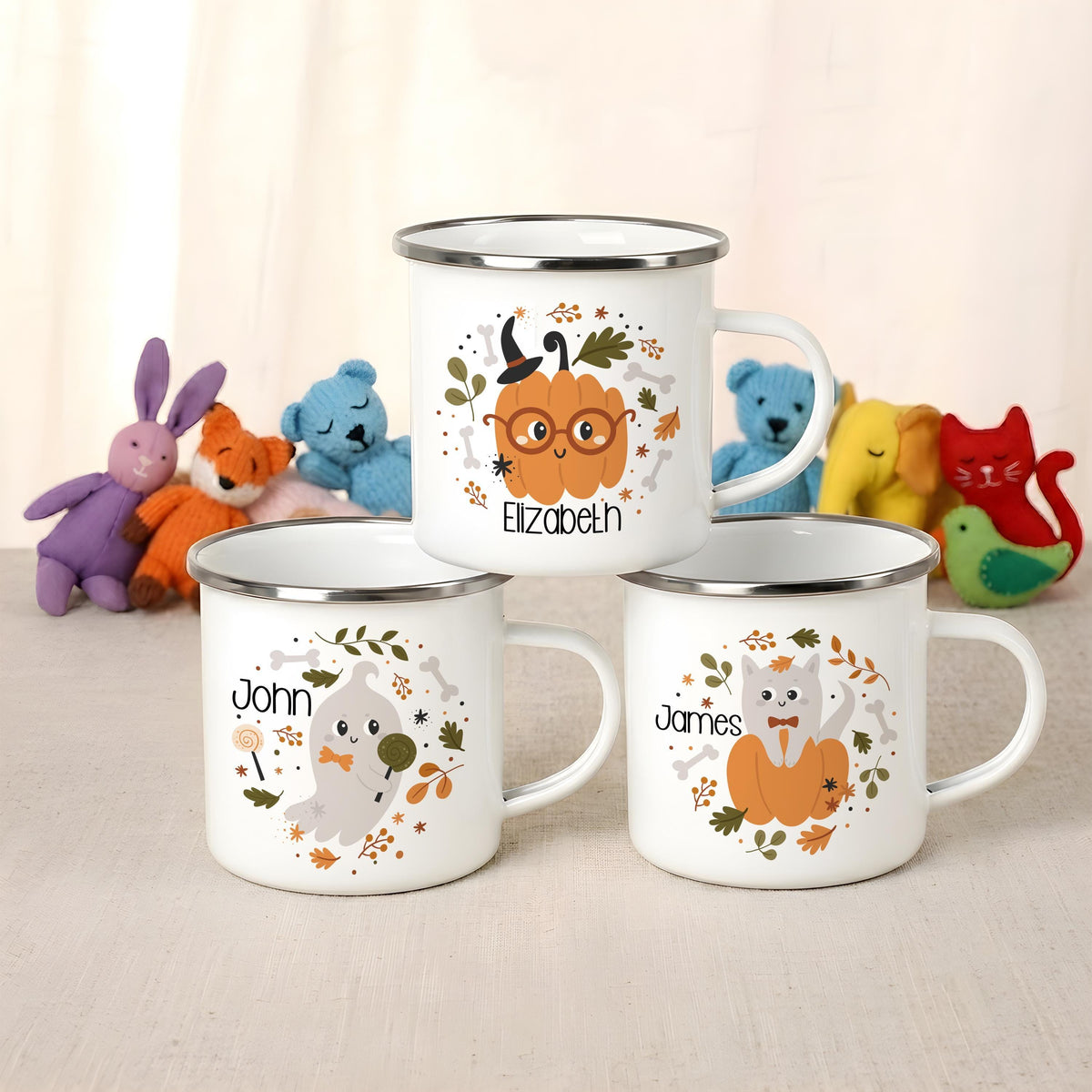 Personalized Halloween Enamel Mug, Custom Name Spooky Coffee Cup, Kids Camping Gift