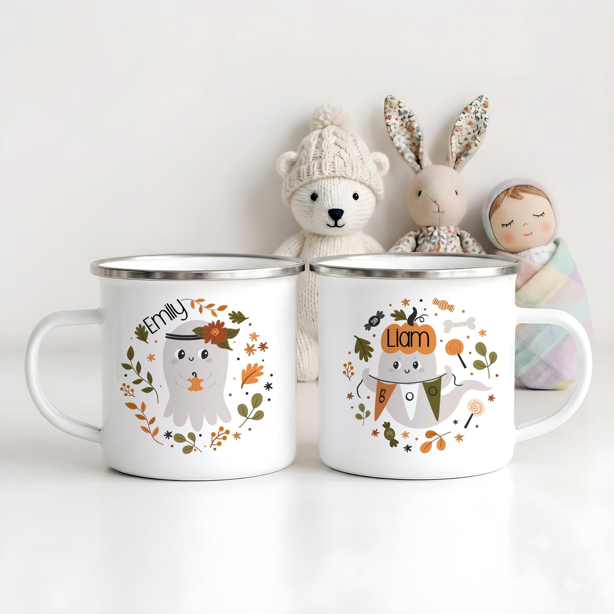 Personalized Halloween Enamel Mug, Custom Name Spooky Coffee Cup, Kids Camping Gift