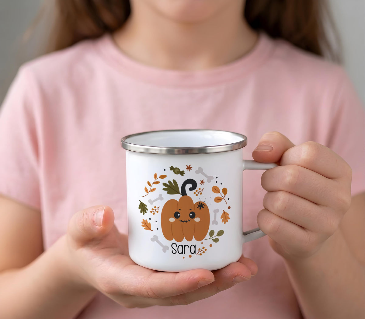 Personalized Halloween Enamel Mug, Custom Name Spooky Coffee Cup, Kids Camping Gift