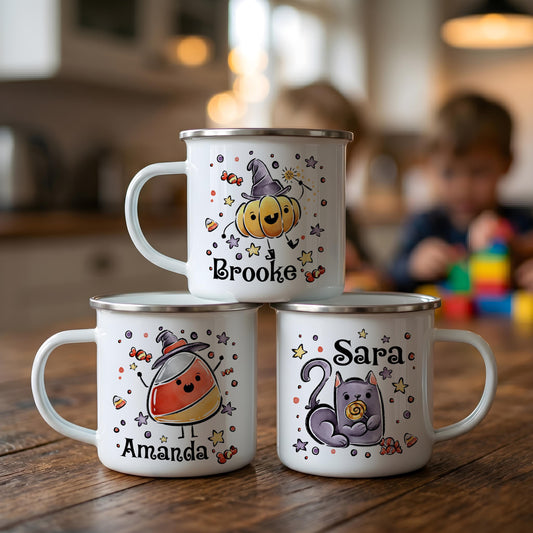 Custom Name Halloween Enamel Mug, Spooky Kids Camp Cup, Ghost Pumpkin Cat Drinkware
