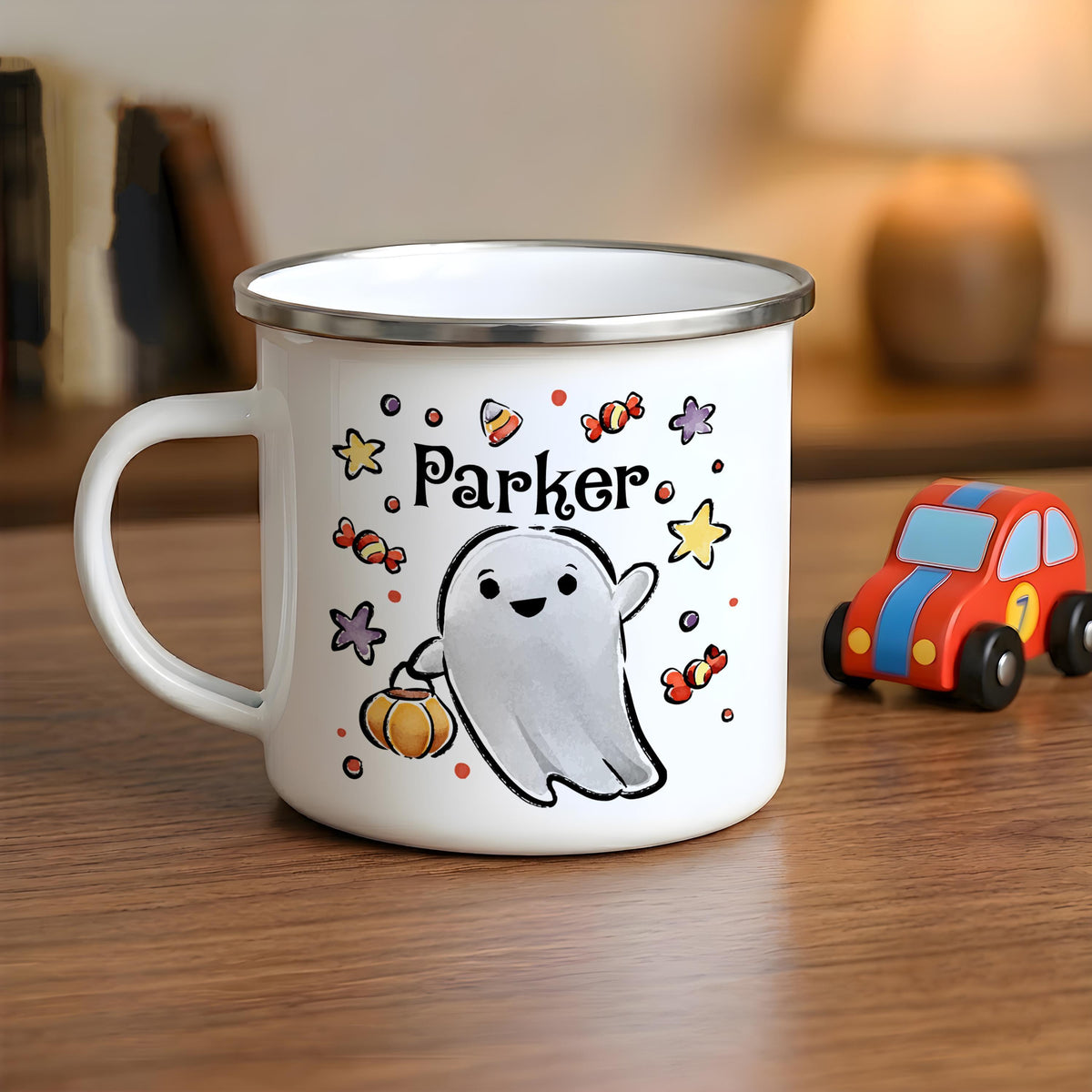 Custom Name Halloween Enamel Mug, Spooky Kids Camp Cup, Ghost Pumpkin Cat Drinkware