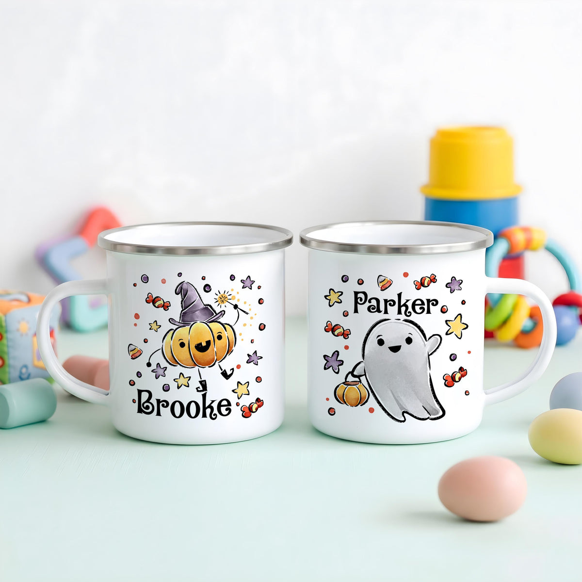 Custom Name Halloween Enamel Mug, Spooky Kids Camp Cup, Ghost Pumpkin Cat Drinkware