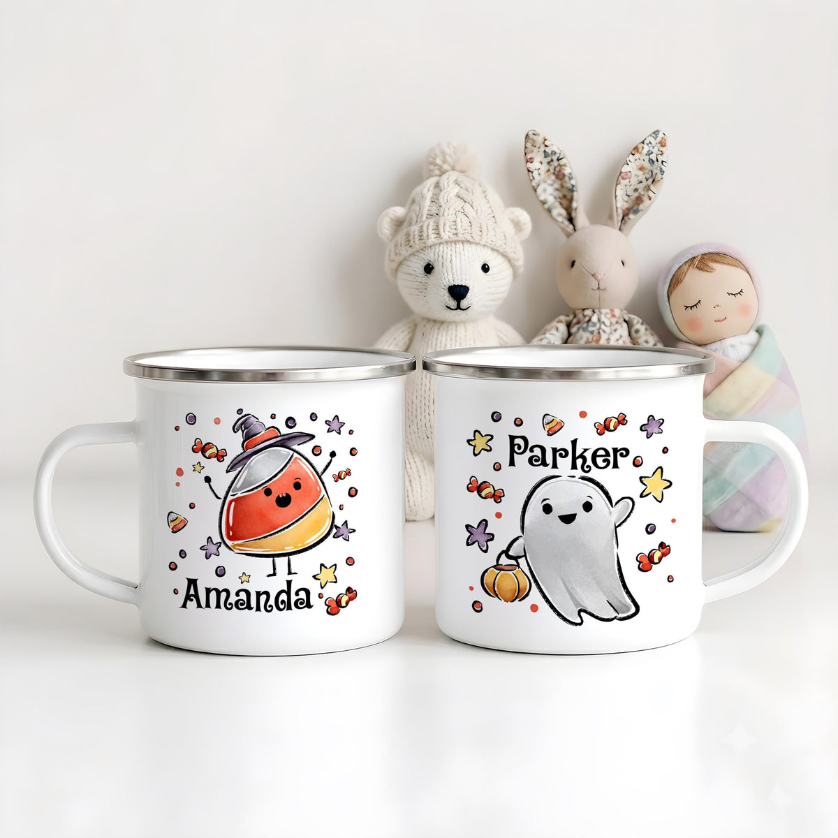 Custom Name Halloween Enamel Mug, Spooky Kids Camp Cup, Ghost Pumpkin Cat Drinkware