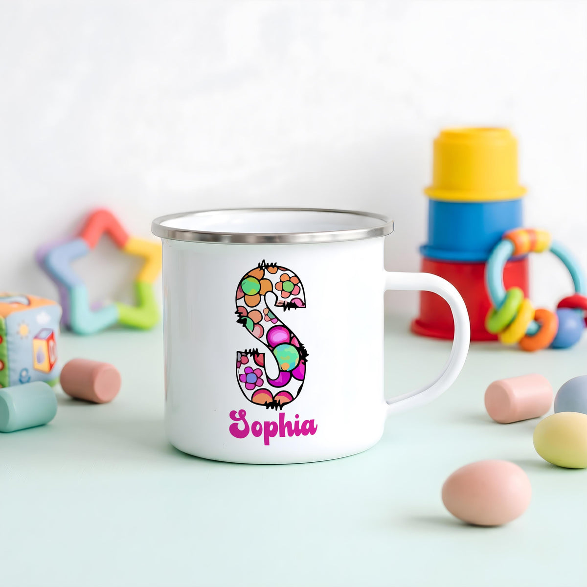 Personalized Alphabet Initial Kids Hot Cocoa Mug, Custom Name Monogrammed Enamel Cup