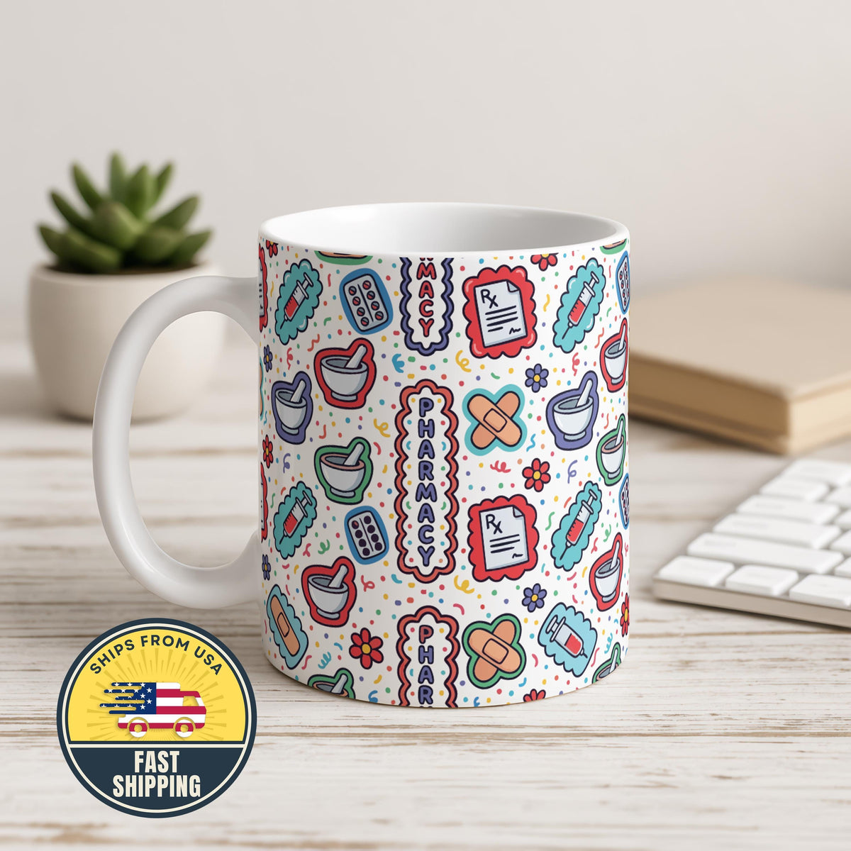 Pharmacy Mug, Pharmacist Coffee Cup, Pharmacy Technician Gift, Apothecary Mug, RX Pattern Cup