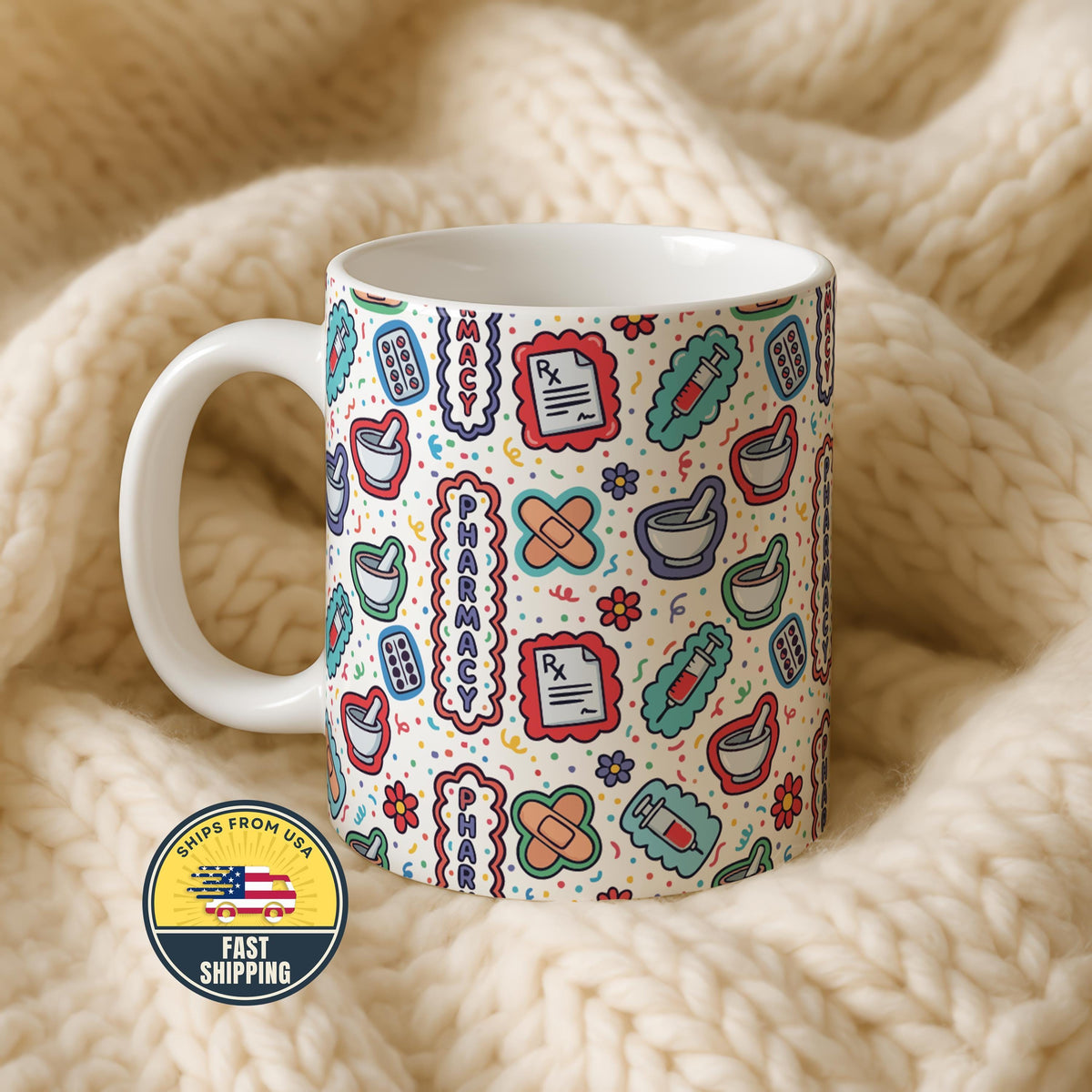 Pharmacy Mug, Pharmacist Coffee Cup, Pharmacy Technician Gift, Apothecary Mug, RX Pattern Cup