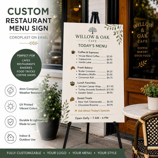 Custom Restaurant Menu Sign, Coroplast Printing, Cafe Bar Display