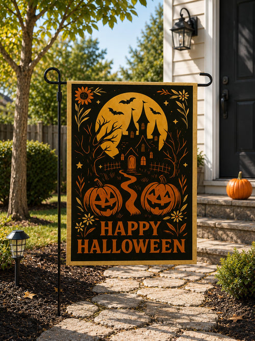 Spooky Haunted House Halloween Garden Flag, Pumpkin Bats Moon Yard Sign