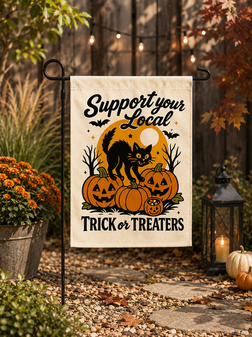 Black Cat Halloween Garden Flag, Spooky Pumpkins Yard Sign, Trick or Treaters Decor
