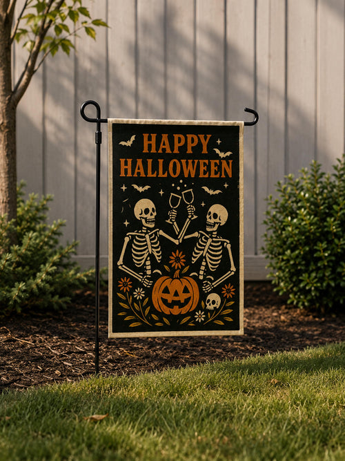 Happy Halloween Garden Flag, Skeleton Yard Sign, Spooky Season Outdoor Flag
