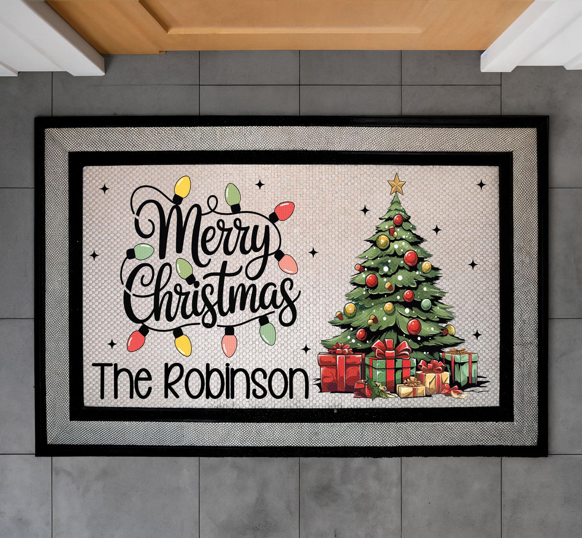 Personalized Merry Christmas Family Name Doormat, Festive Tree Welcome Mat