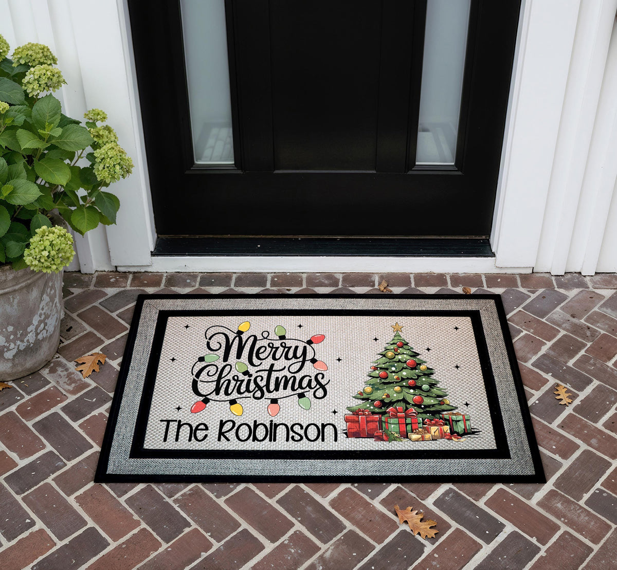 Personalized Merry Christmas Family Name Doormat, Festive Tree Welcome Mat
