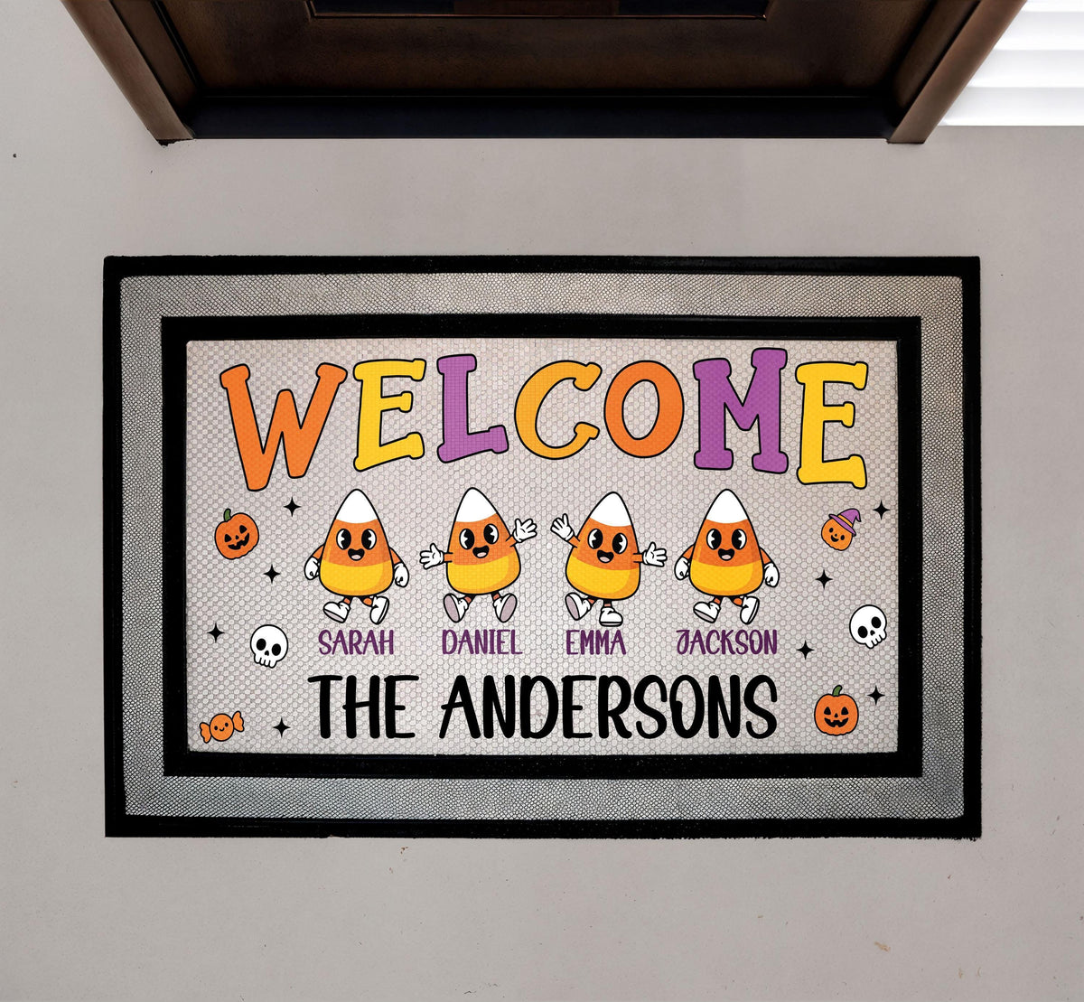 Custom Candy Corn Family Names Welcome Mat, Halloween Doormat, Fall Porch Rug
