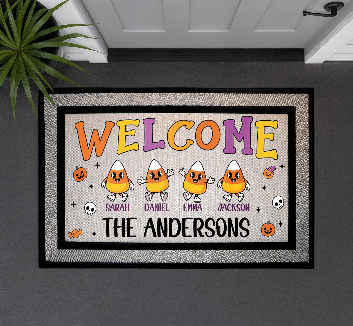 Custom Candy Corn Family Names Welcome Mat, Halloween Doormat, Fall Porch Rug
