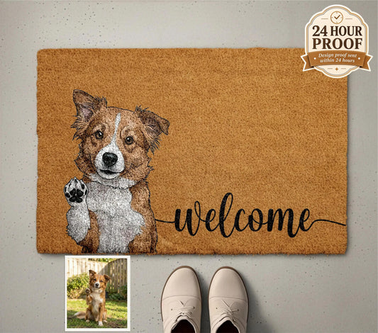 Personalized Pet Watercolor Portrait Doormat, Custom Dog Photo Welcome Mat, Cats Lover Housewarming Gift, Pets Owner Front Porch Coir Rug