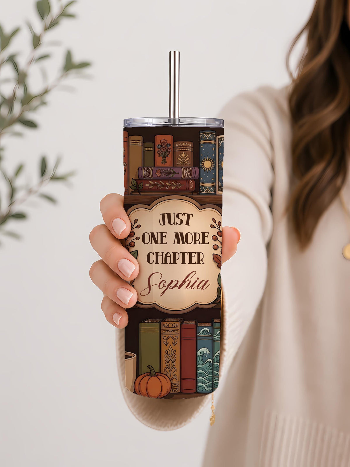 Personalized Bookworm Tumbler, Cozy Library Design, Custom Name Drinkware