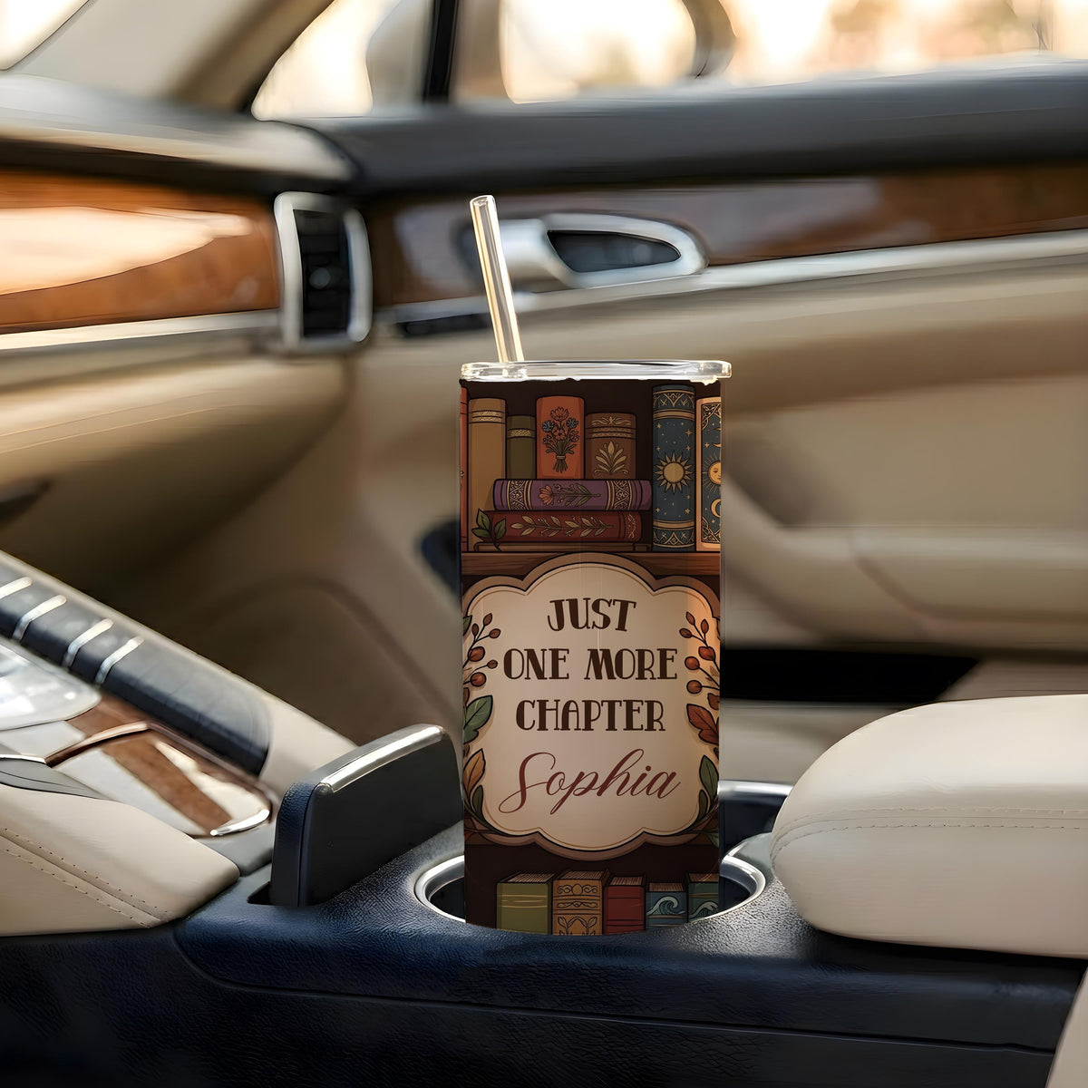 Personalized Bookworm Tumbler, Cozy Library Design, Custom Name Drinkware