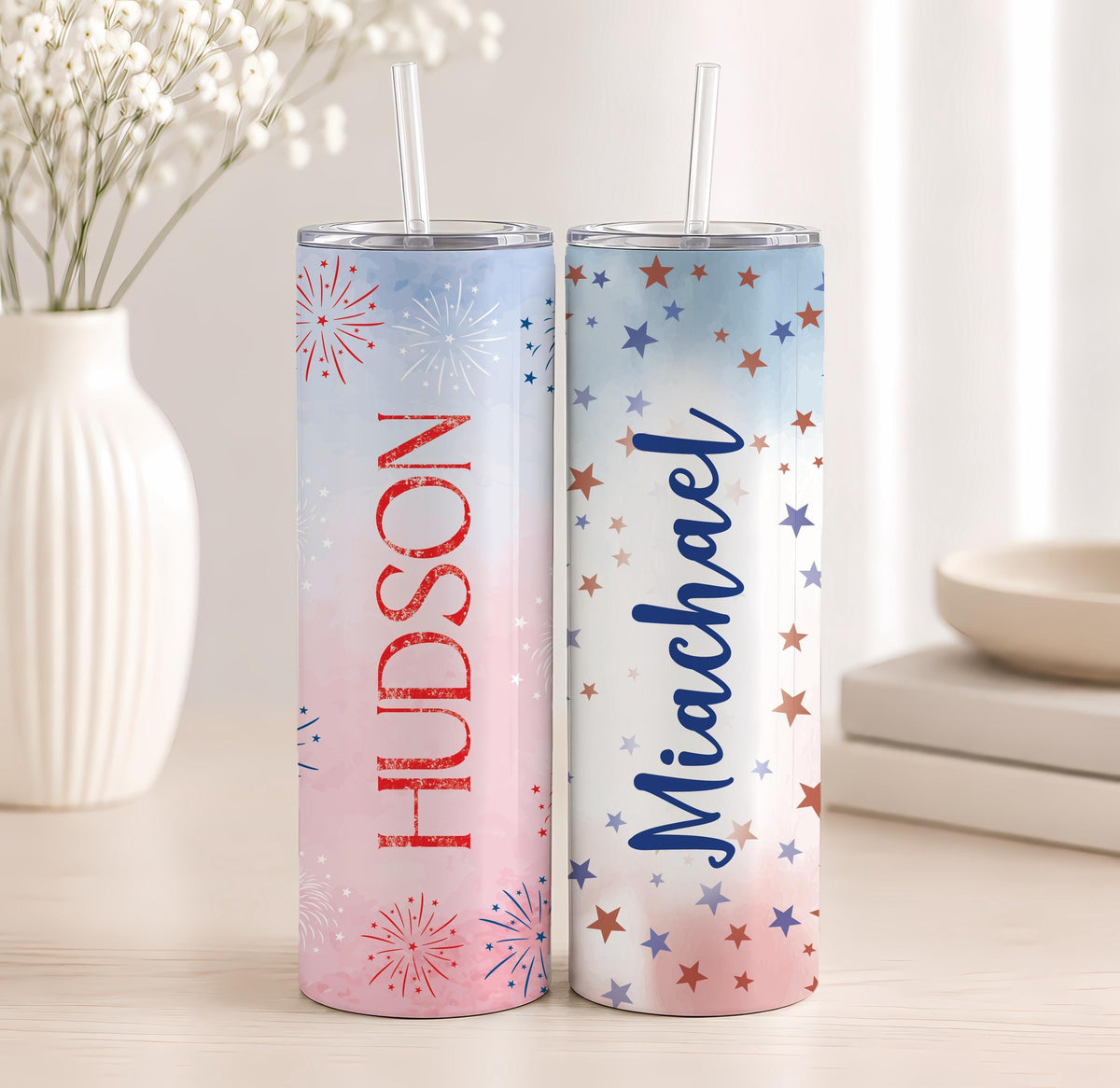 Personalized Patriotic Tumbler with Name, Red White Blue Fireworks Insulated Coffee Cup