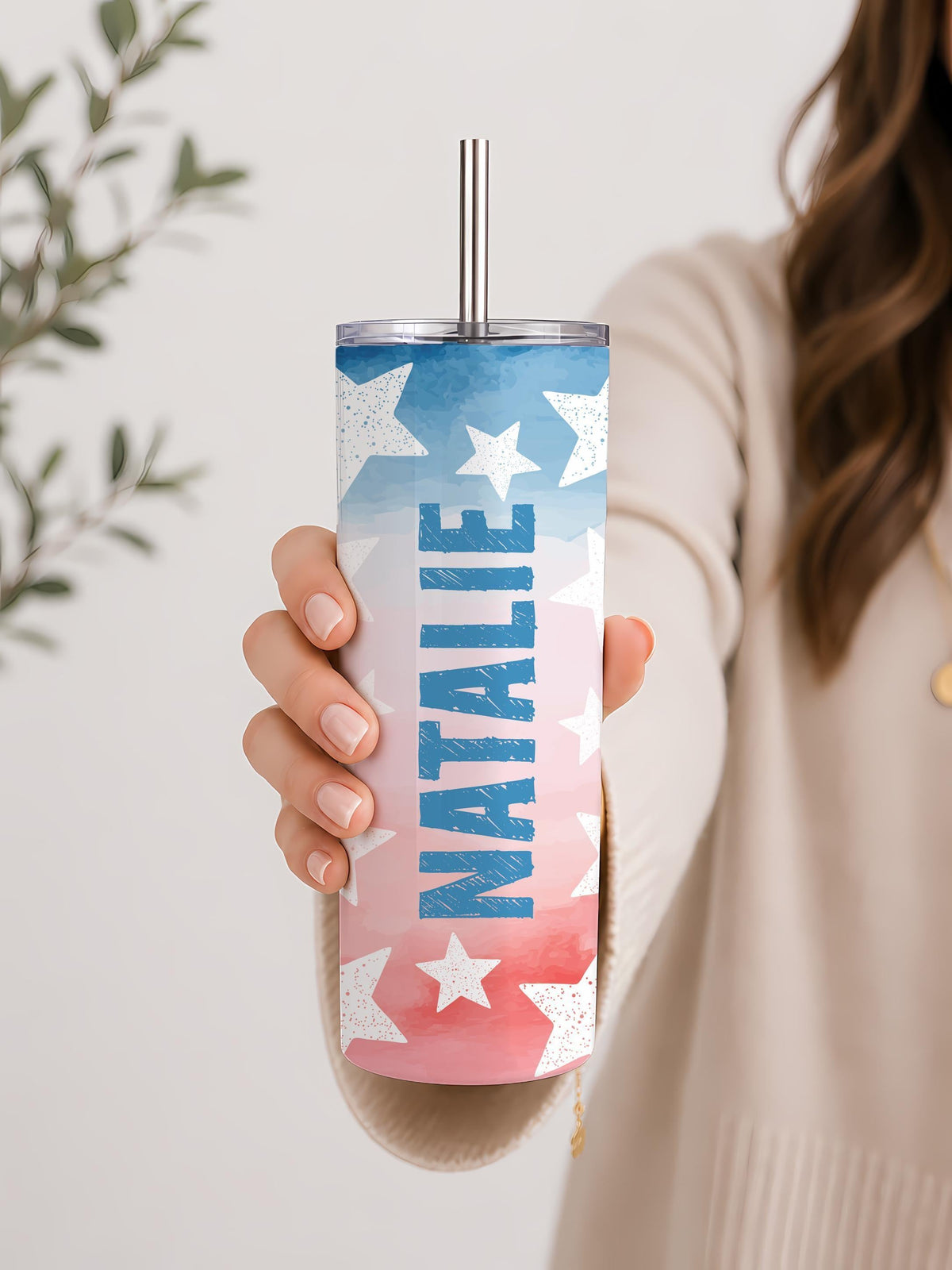 Personalized Patriotic Tumbler with Name, Red White Blue Fireworks Insulated Coffee Cup