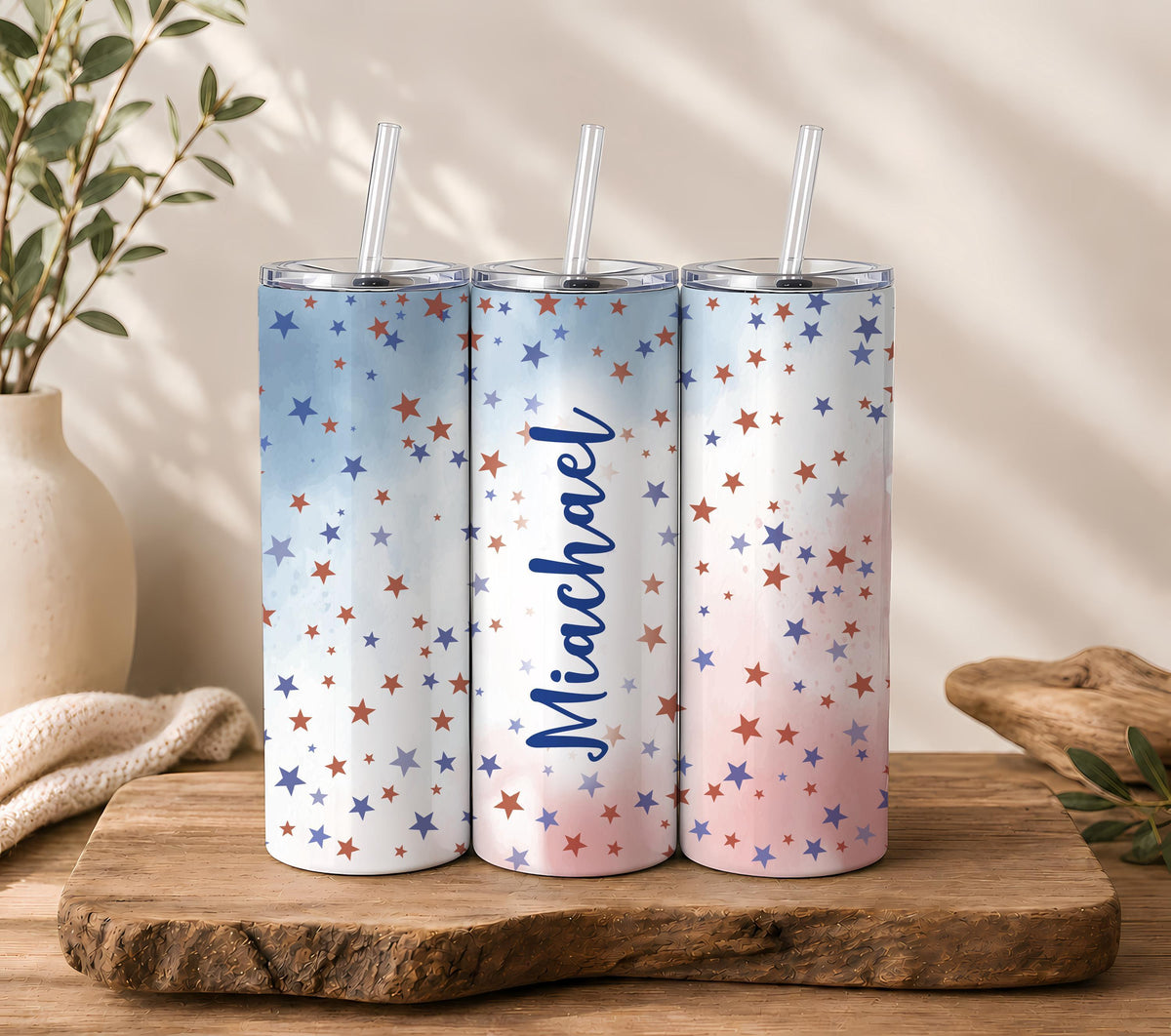 Personalized Patriotic Tumbler with Name, Red White Blue Fireworks Insulated Coffee Cup