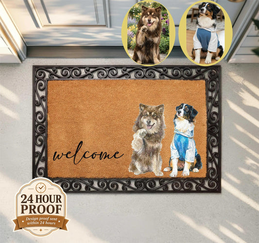 Custom Pet Watercolor Portrait Doormat, Personalized Dog Photo Welcome Mat, Cats Lover Housewarming Gift, Pets Owner Front Porch Coir Rug