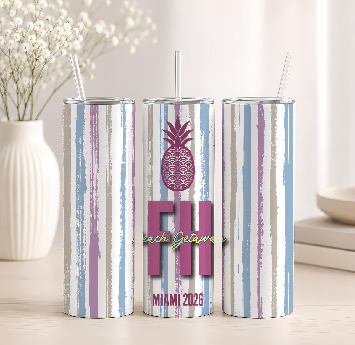 Custom Beach Vacation Tumbler, Tropical Initials, Girls Getaway Insulated Cup
