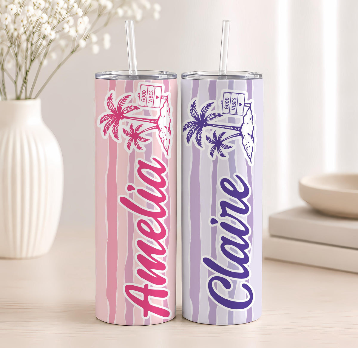 Personalized 20oz Skinny Tumbler, Custom Name Tropical Beach Drinkware, Summer Vacation Cup