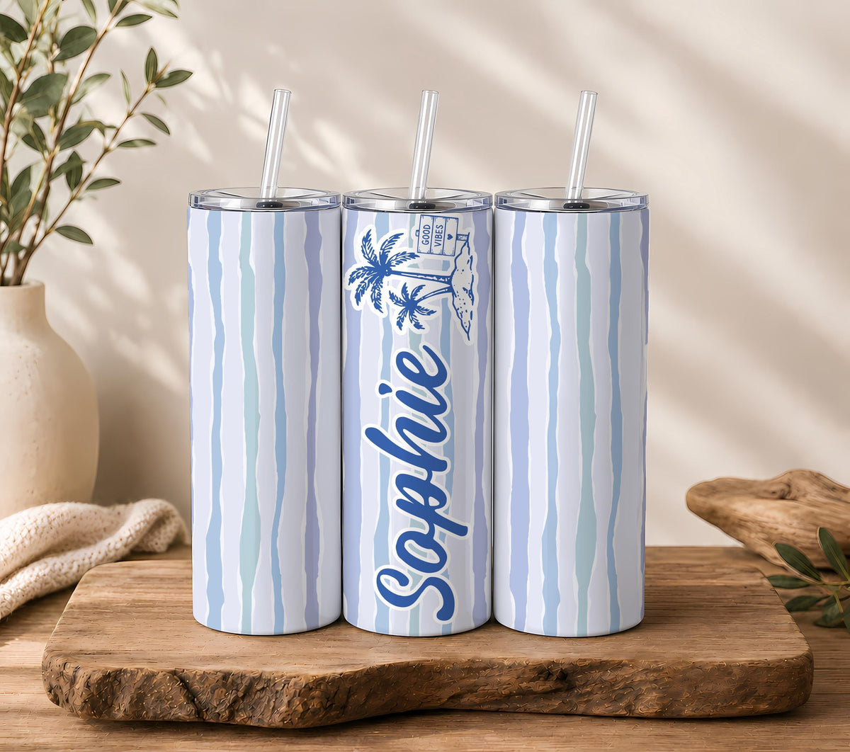 Personalized 20oz Skinny Tumbler, Custom Name Tropical Beach Drinkware, Summer Vacation Cup