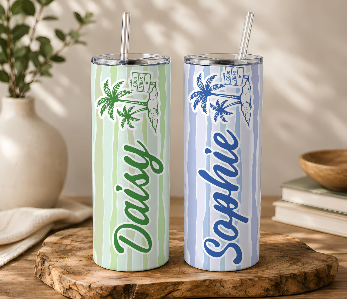 Personalized 20oz Skinny Tumbler, Custom Name Tropical Beach Drinkware, Summer Vacation Cup
