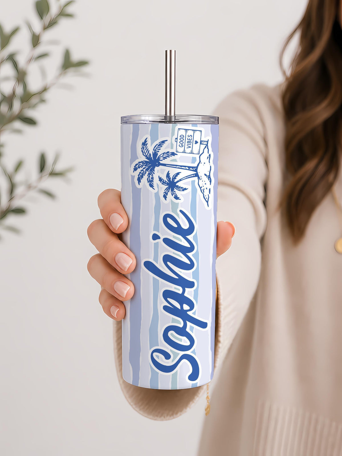 Personalized 20oz Skinny Tumbler, Custom Name Tropical Beach Drinkware, Summer Vacation Cup