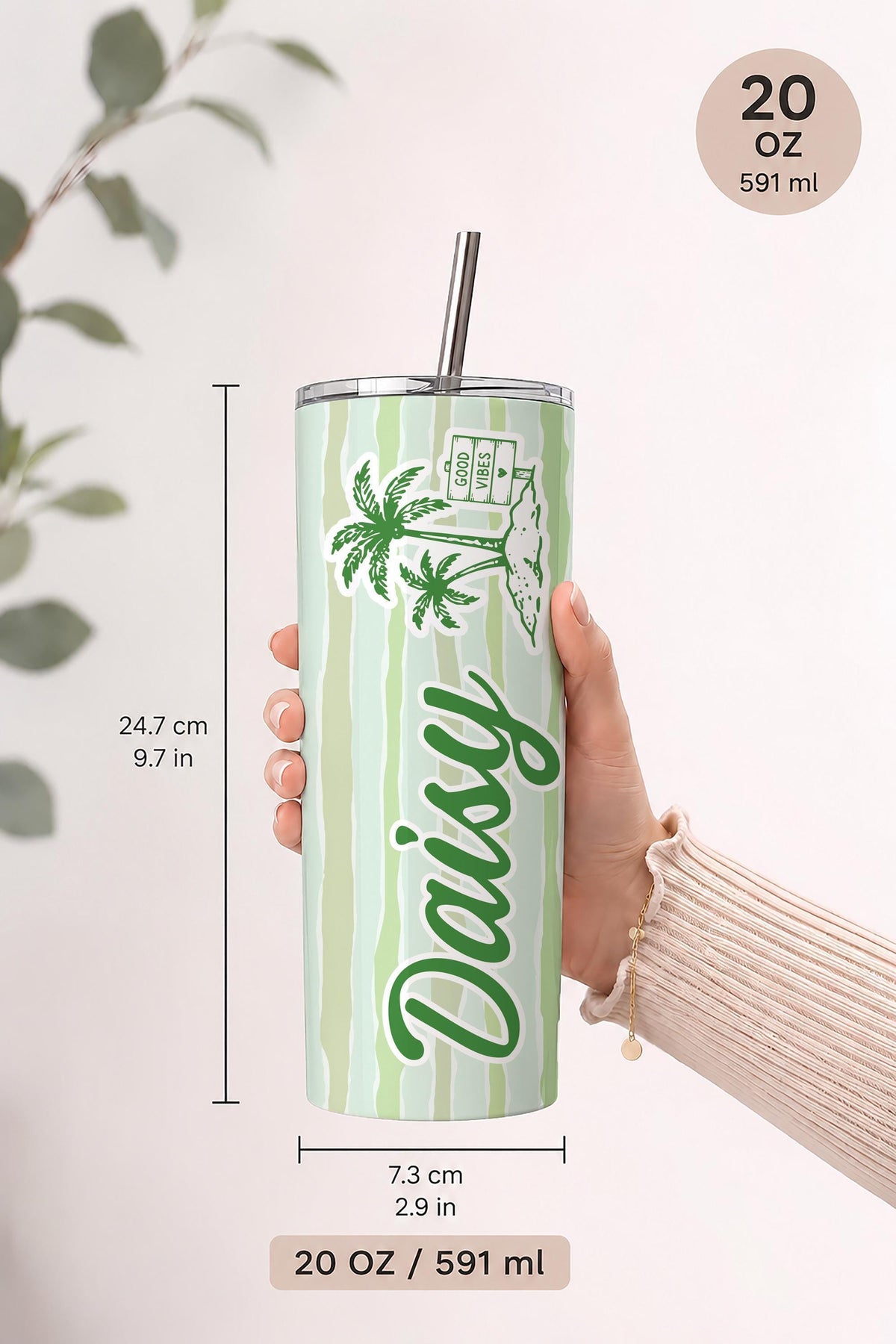 Personalized 20oz Skinny Tumbler, Custom Name Tropical Beach Drinkware, Summer Vacation Cup