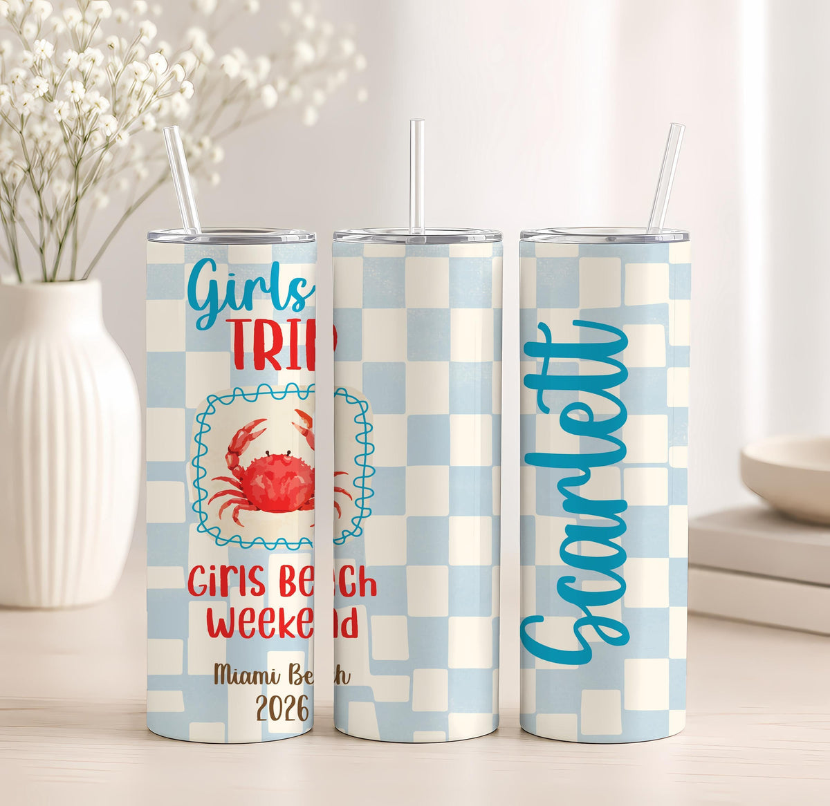 Custom Crab Girls Trip Beach Tumbler, Personalized Coastal Vacation Cup