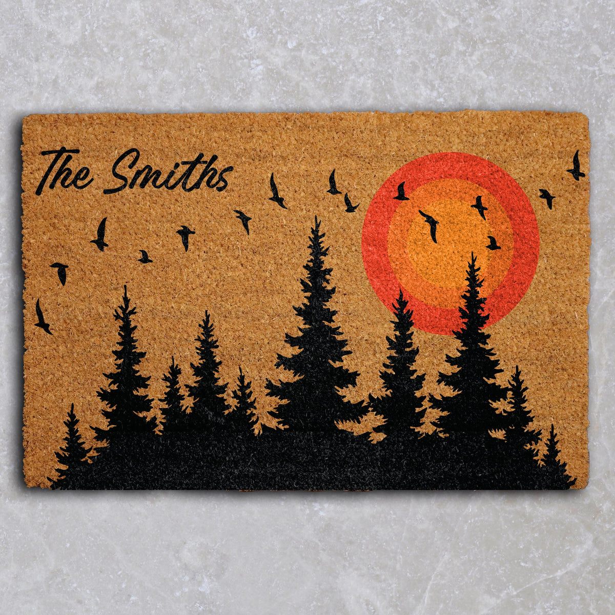 Custom Cabin Doormat with Family Name, Rustic Pine Forest Silhouette Welcome Mat