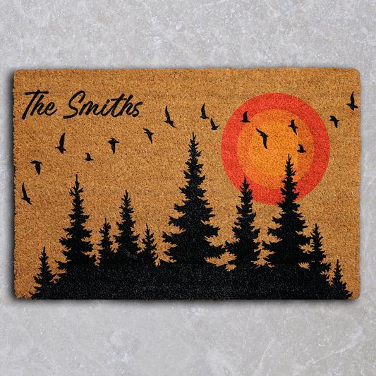Custom Cabin Doormat with Family Name, Rustic Pine Forest Silhouette Welcome Mat