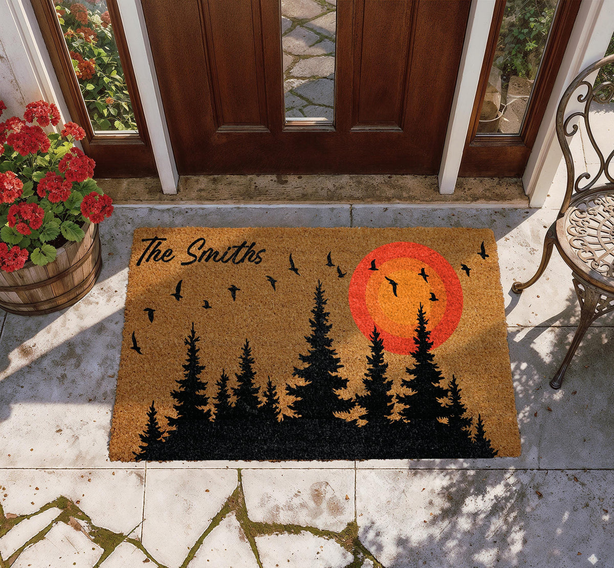 Custom Cabin Doormat with Family Name, Rustic Pine Forest Silhouette Welcome Mat